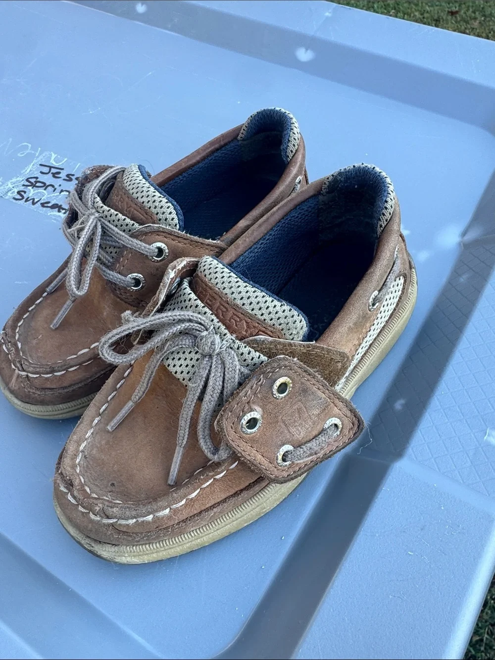 Sperry Kids Tan Brown Boat Shoes with Navy Lining